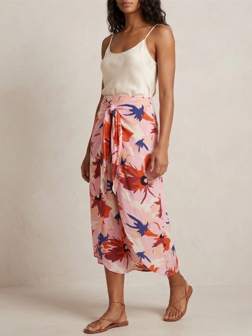 LE SALTY LABEL Pink Tropical Floral Knot Tie Waist Double Slit Midi Skirt L